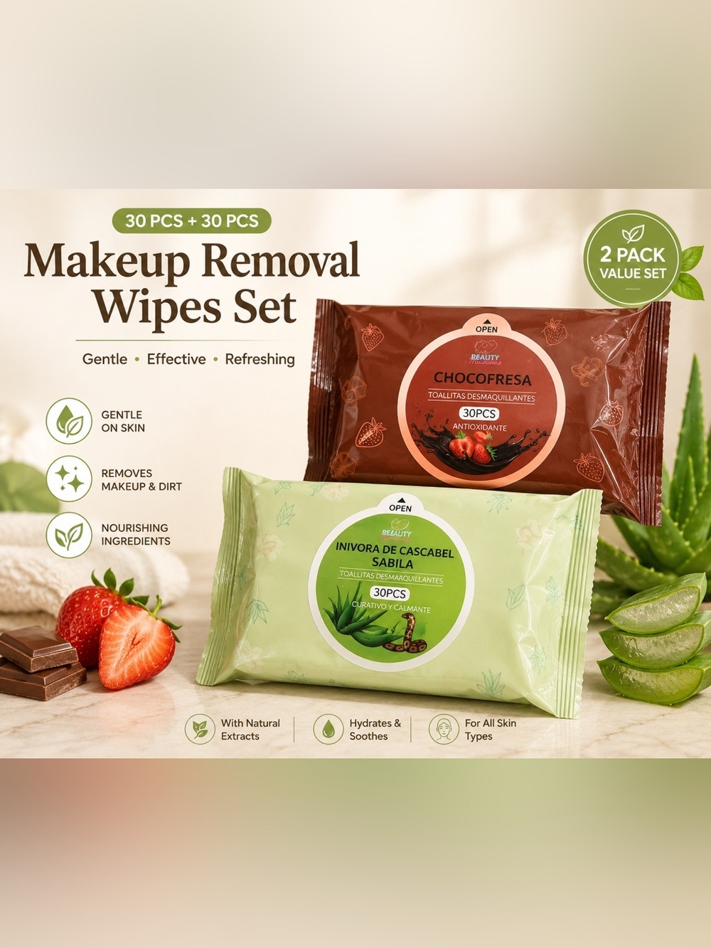 Makeup Removal Wipes Set - Aloe & Chocolate - 2 Pack